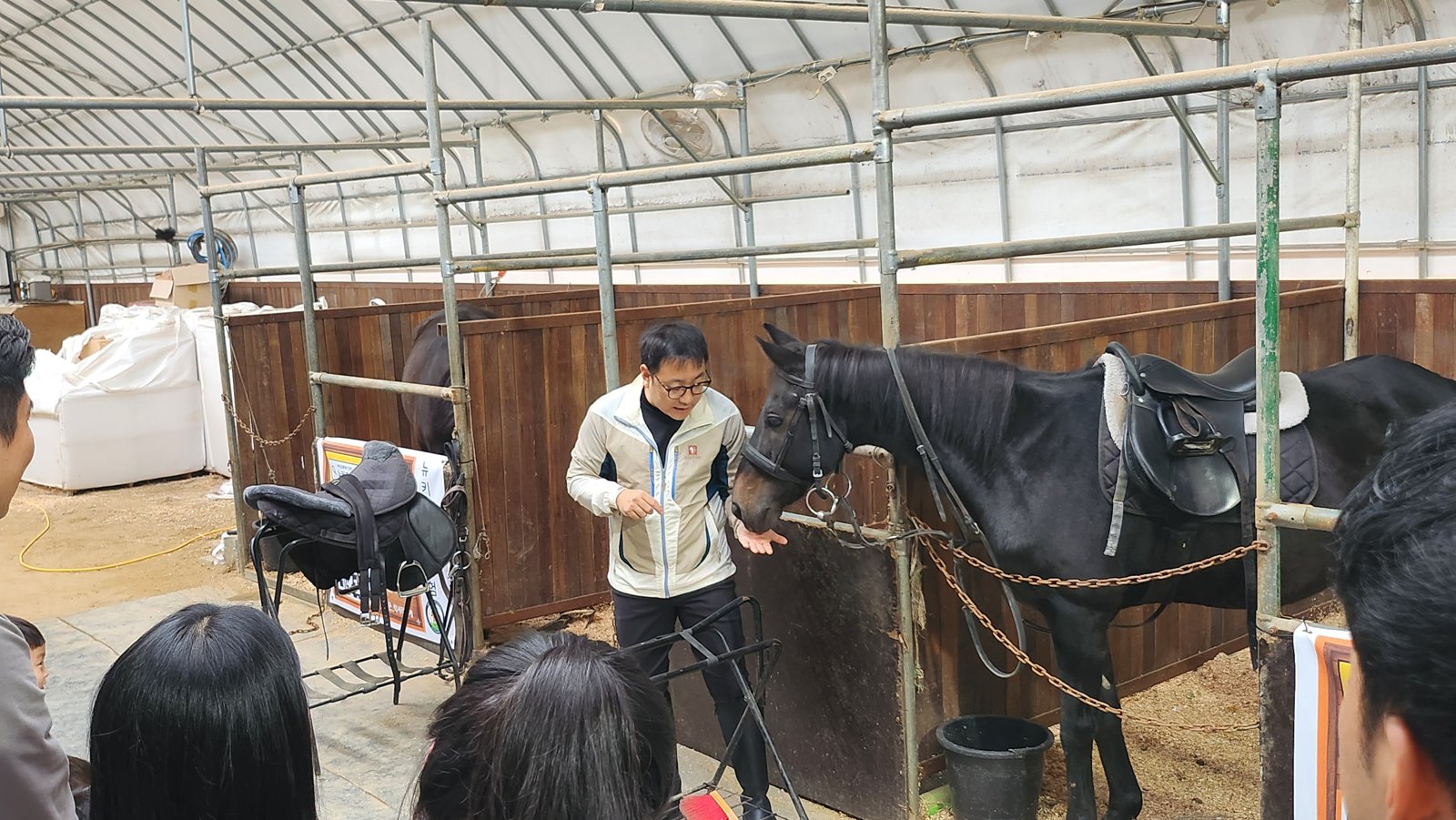 교관이 말의 몸과 장비를 아이들에게 보여 줍니다